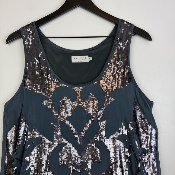 Velvet Graham Spencer Gray Crepe Delphinia Shift Sequins Mini Dress - Size M - Picture 2 of 10